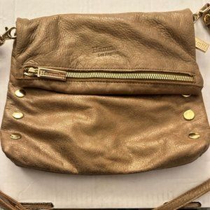 Hammitt Medium Gold and Gunmetal Zippered Leather Crossbody Clutch Bay